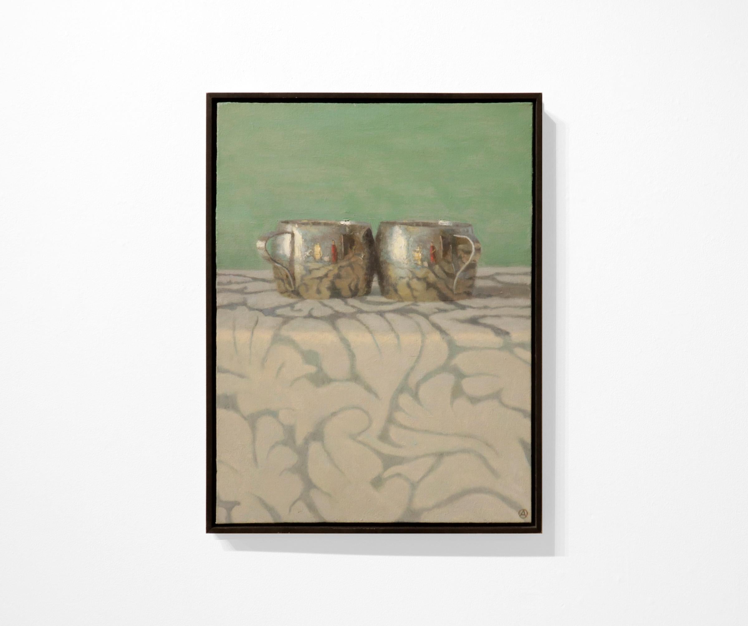 SILVER CUPS ON PATTERNED CLOTH, patterned cloth, still-life, metal cups - Painting by Olga Antonova