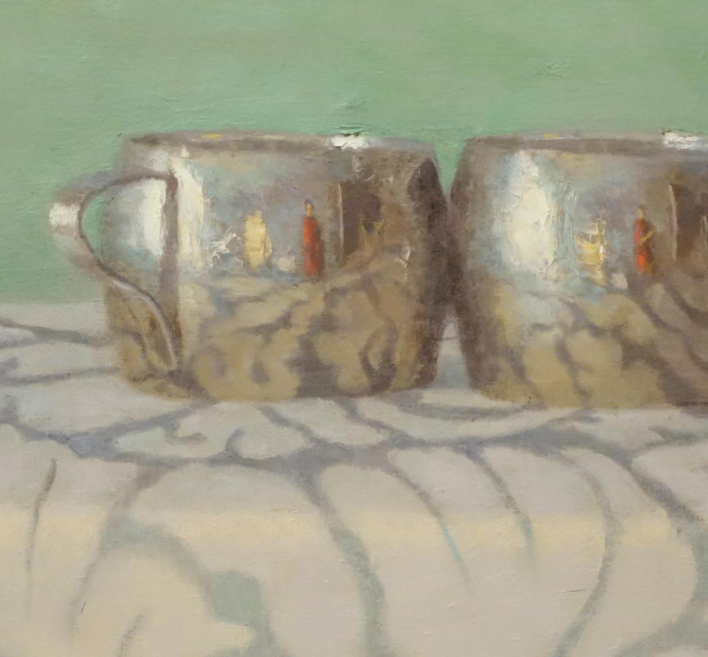 SILVER CUPS ON PATTERNED CLOTH, patterned cloth, still-life, metal cups 1