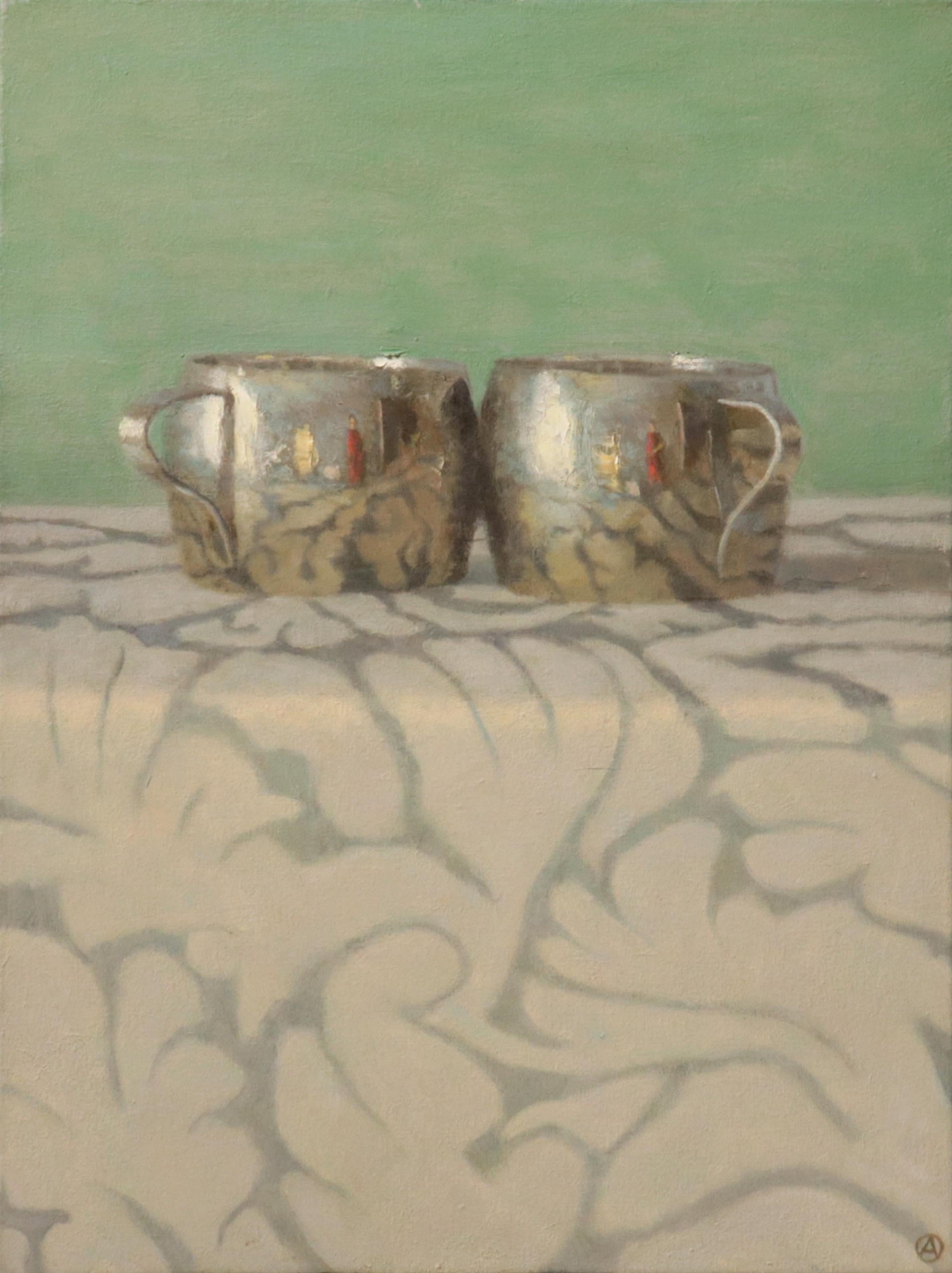 Olga Antonova Still-Life Painting - SILVER CUPS ON PATTERNED CLOTH, patterned cloth, still-life, metal cups