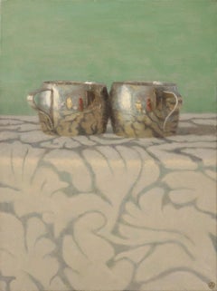 SILVER CUPS ON PATTERNED CLOTH, patterned cloth, still-life, metal cups