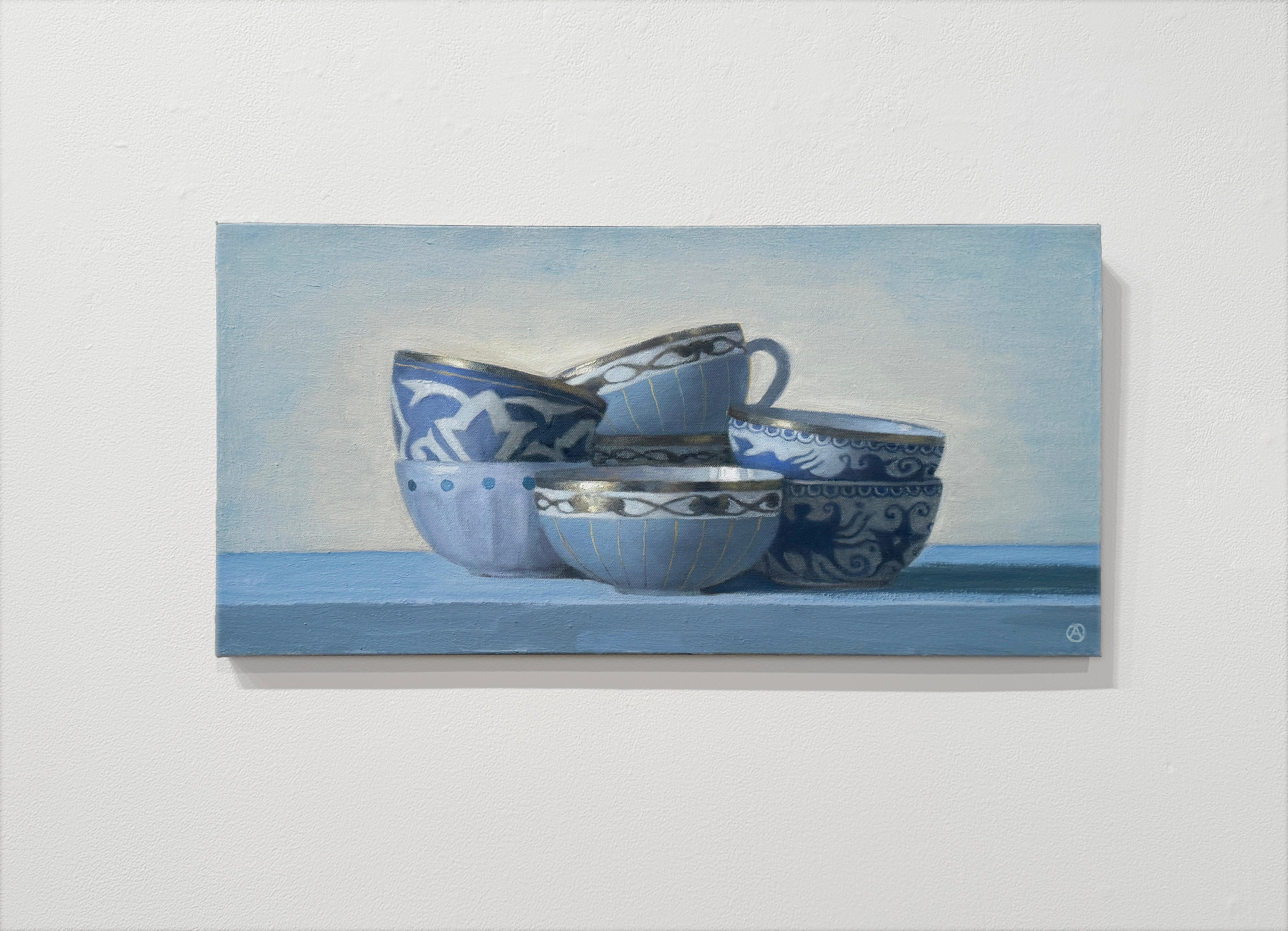 SIX BLUE CUPS - Still life /  Realism / Teacups / Kitchen - Painting by Olga Antonova