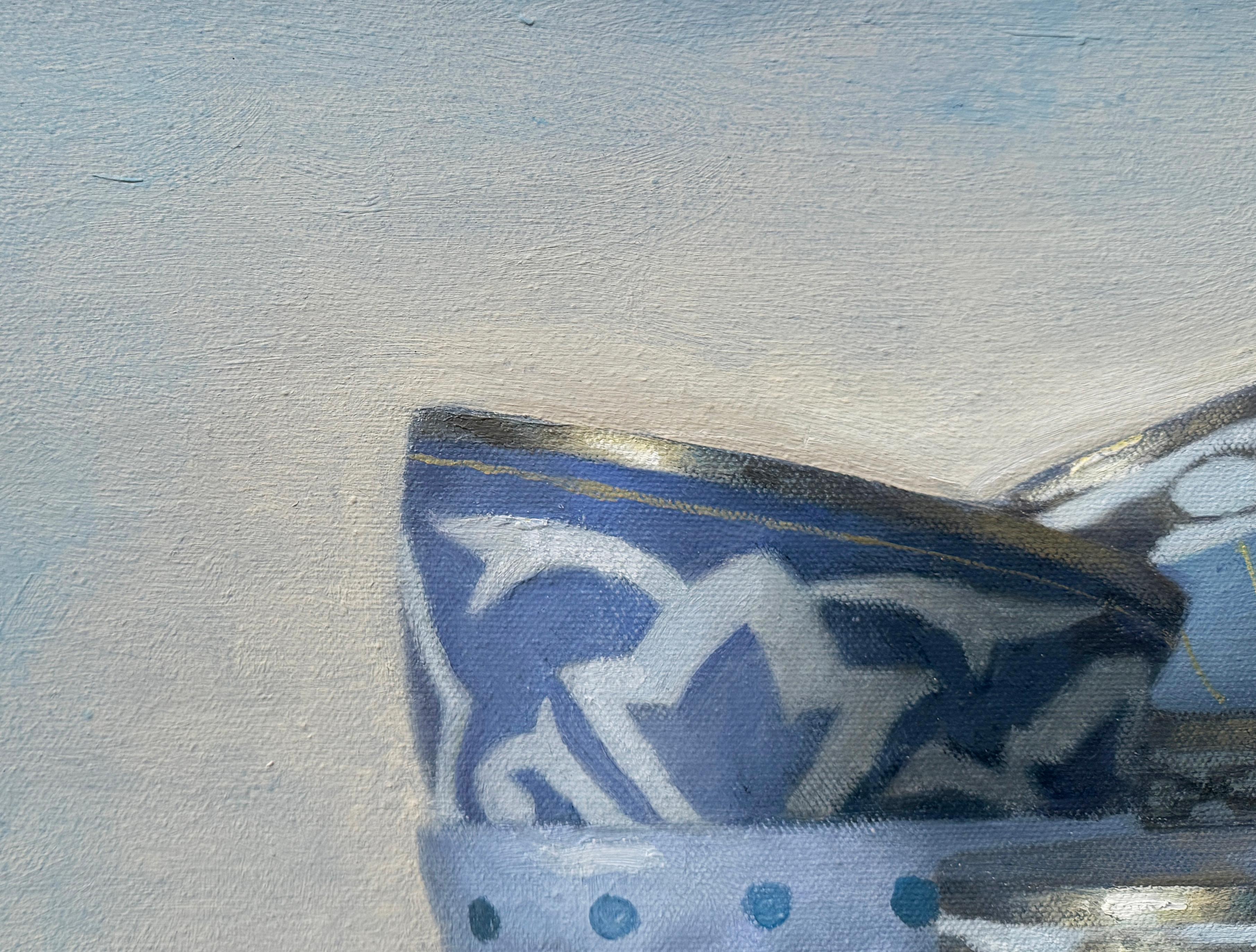 SIX BLUE CUPS - Still life /  Realism / Teacups / Kitchen - Blue Still-Life Painting by Olga Antonova
