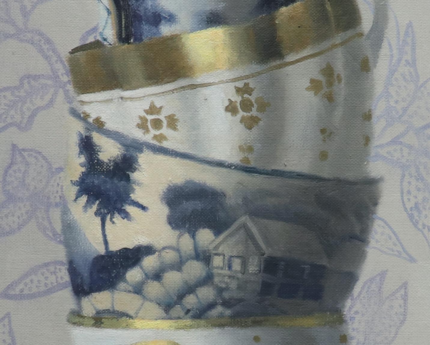 Stacked Cups on Blue, Contemporary Still Life, Antique, Porcelain, Oil  - Realist Painting by Olga Antonova