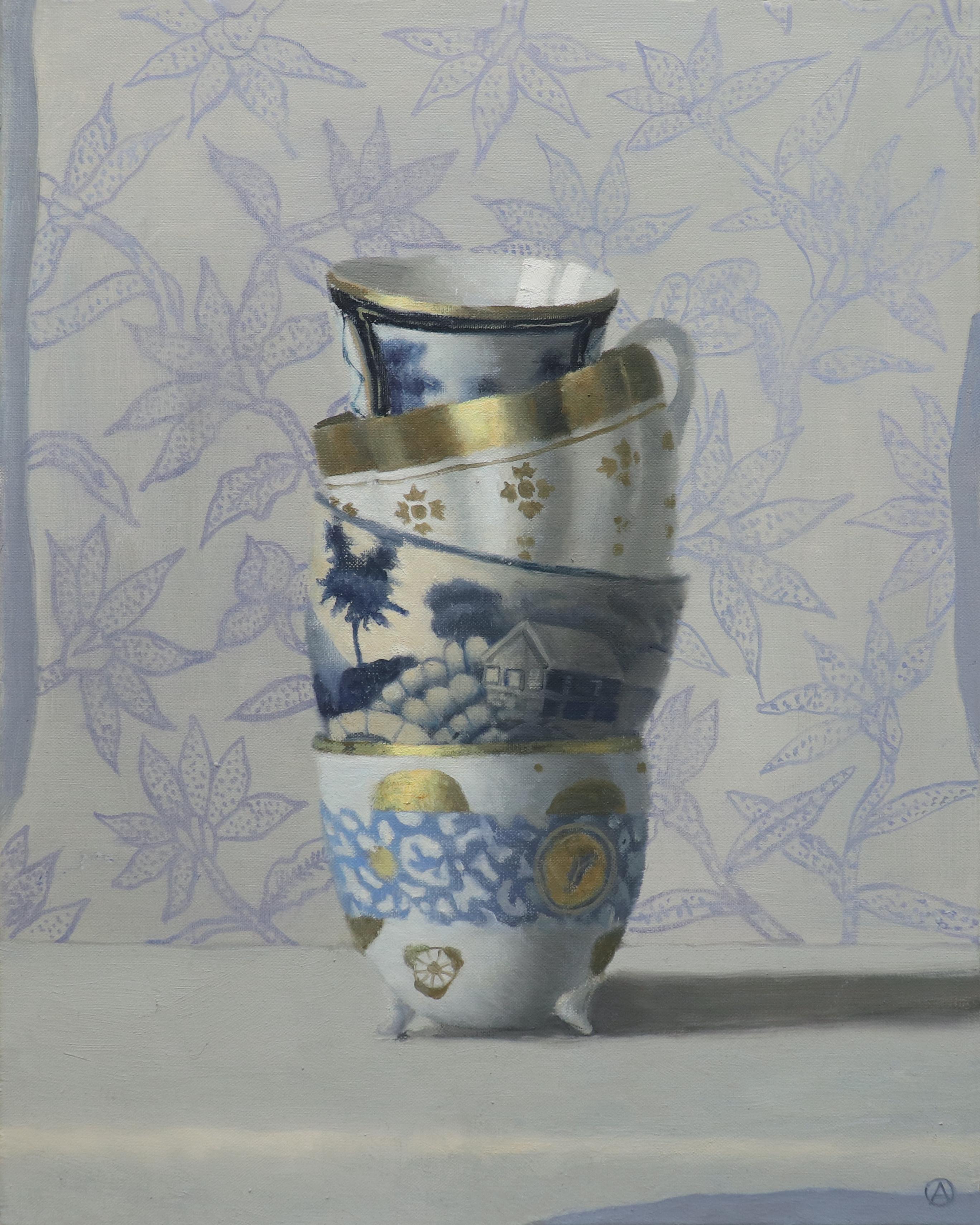 Olga Antonova Still-Life Painting - Stacked Cups on Blue, Contemporary Still Life, Antique, Porcelain, Oil 