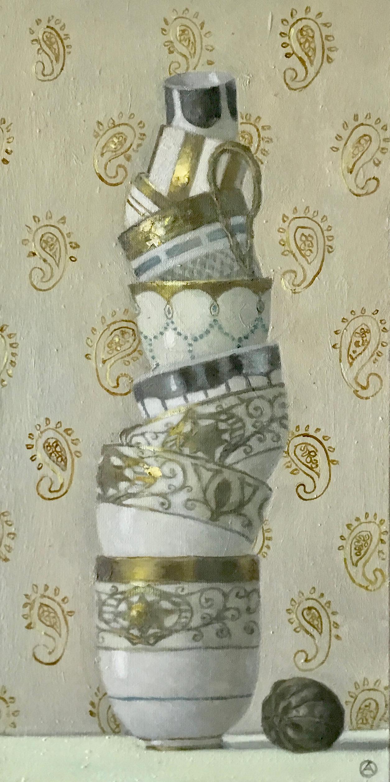 Olga Antonova Still-Life Painting - "Stacked Cups on Paisley"   A tower of 8 elegant white, gold, blue, & gray cups