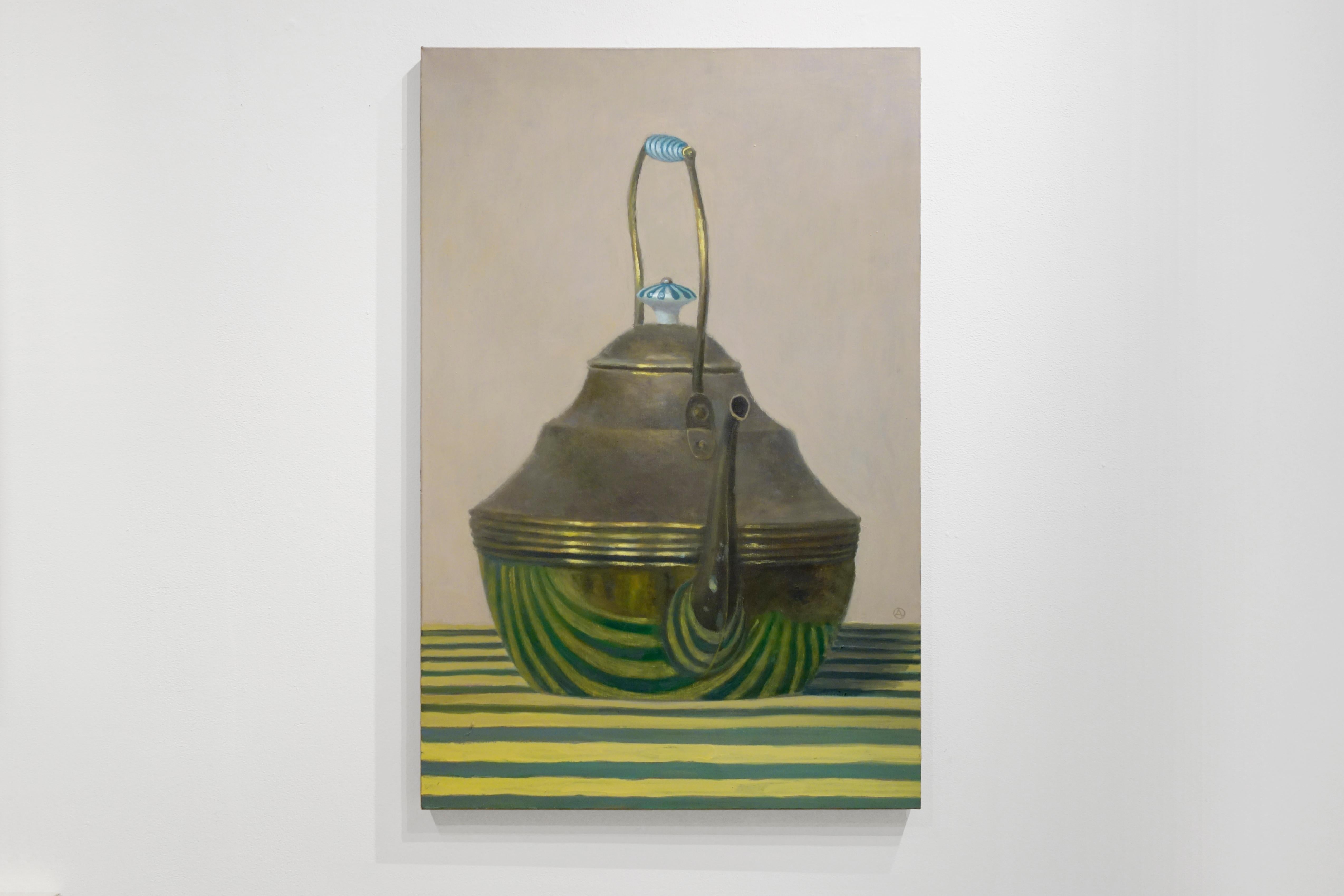 TALL TEAPOT, green and yellow cloth, reflection in teapot, still life - Painting by Olga Antonova