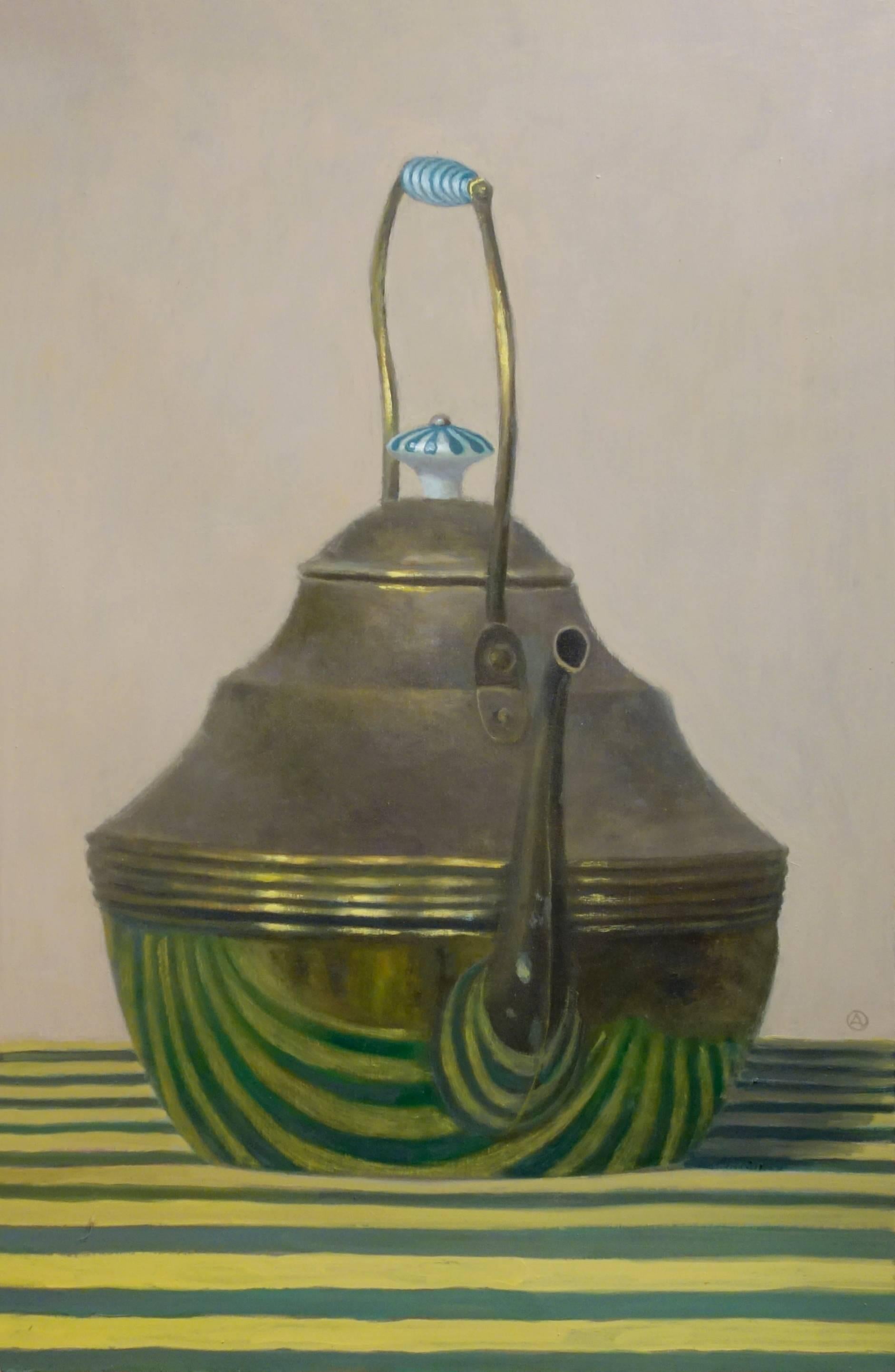 Olga Antonova Still-Life Painting - TALL TEAPOT, green and yellow cloth, reflection in teapot, still life