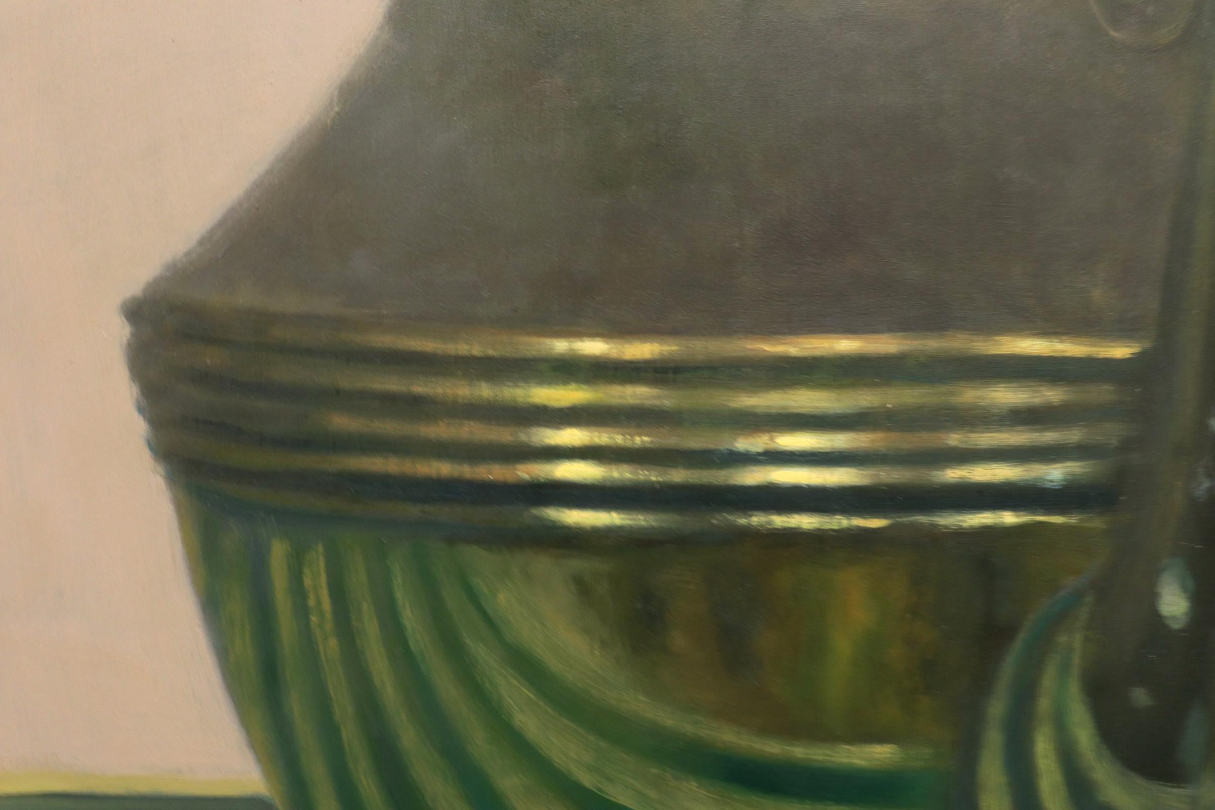 TALL TEAPOT, green and yellow cloth, reflection in teapot, still life - Realist Painting by Olga Antonova
