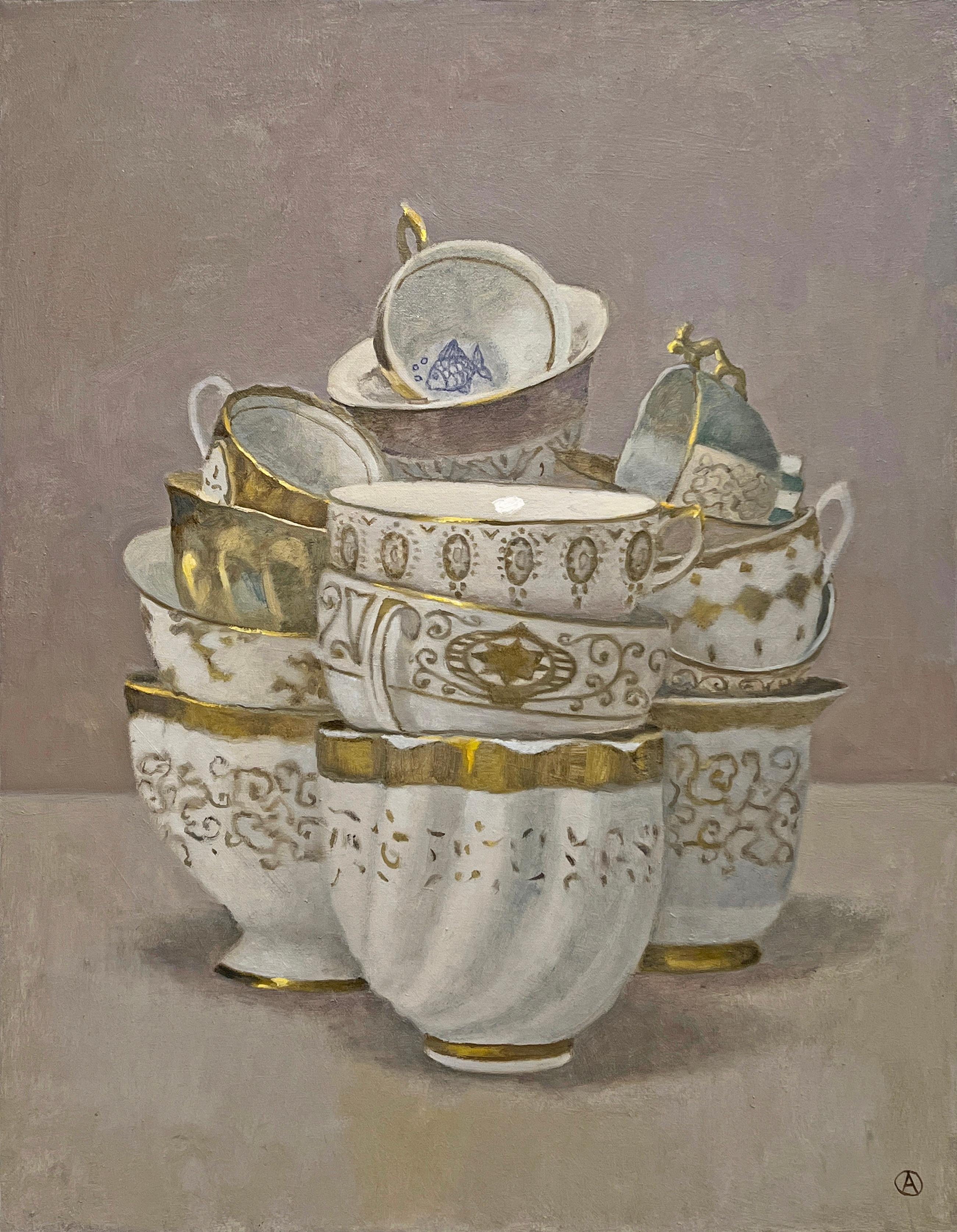 Olga Antonova Still-Life Painting - TEA CUP WITH BLUE FISH - Contemporary Still life / Traditional Realism