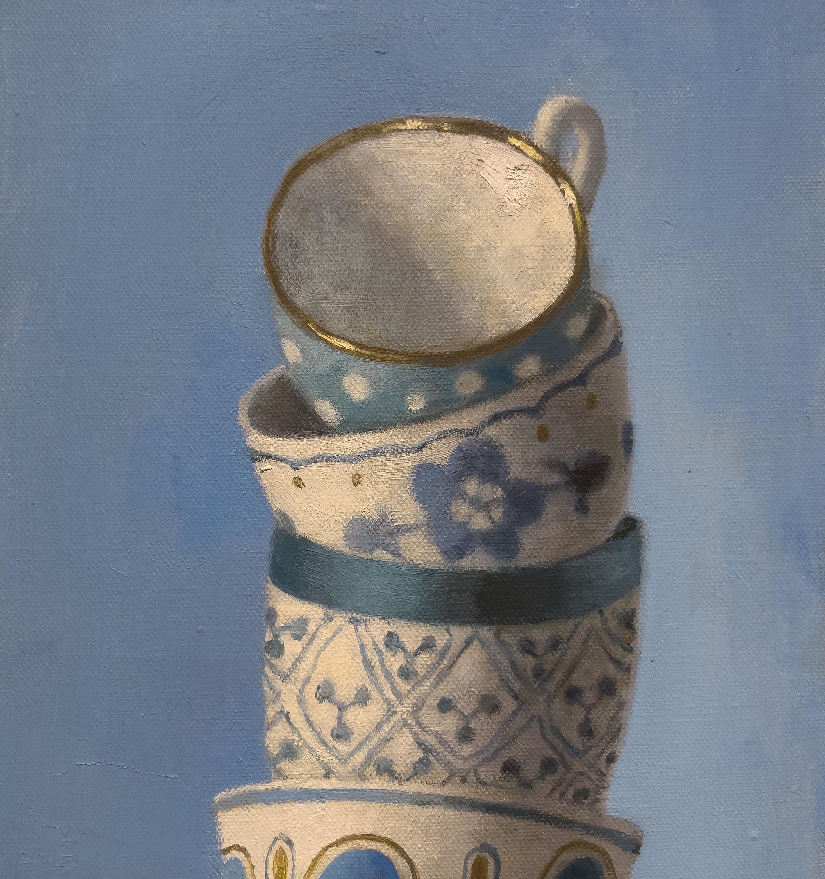 TEACUP TOWER IN BLUE - Still life, realism, contemporary For Sale 2