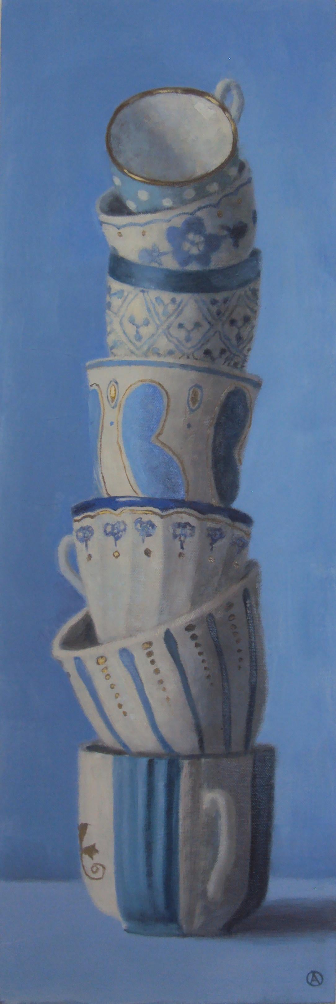 TEACUP TOWER IN BLUE - Still life, realism, contemporary