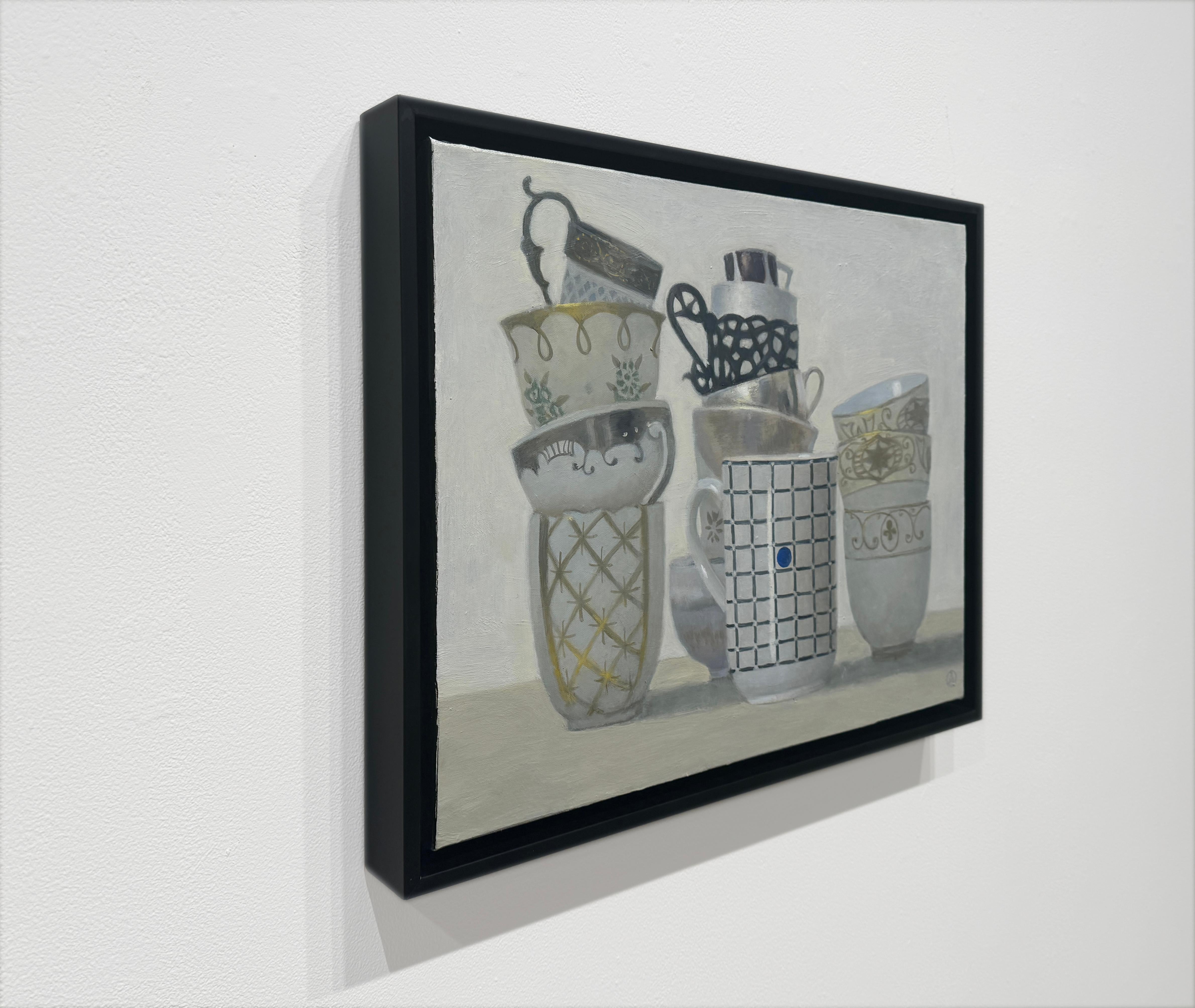TEACUPS - Contemporary Still Life / Russian American Artist - Gray Still-Life Painting by Olga Antonova