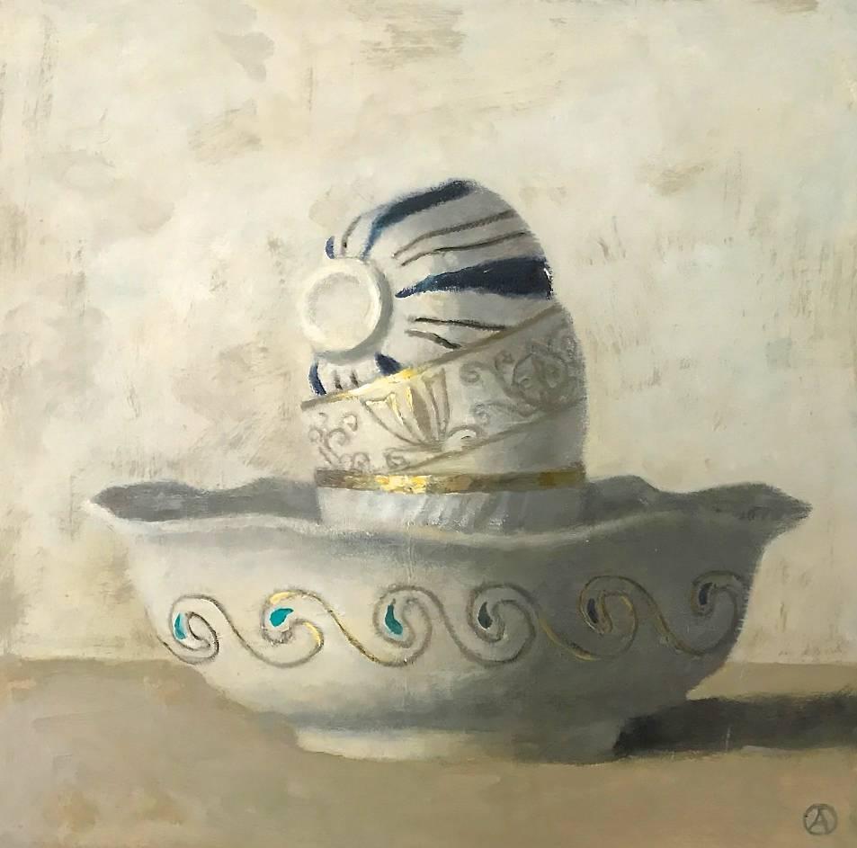 Olga Antonova Still-Life Painting - "Elegant still Life of Three Cups in White, Blue and Gold Stacked in Bowl"