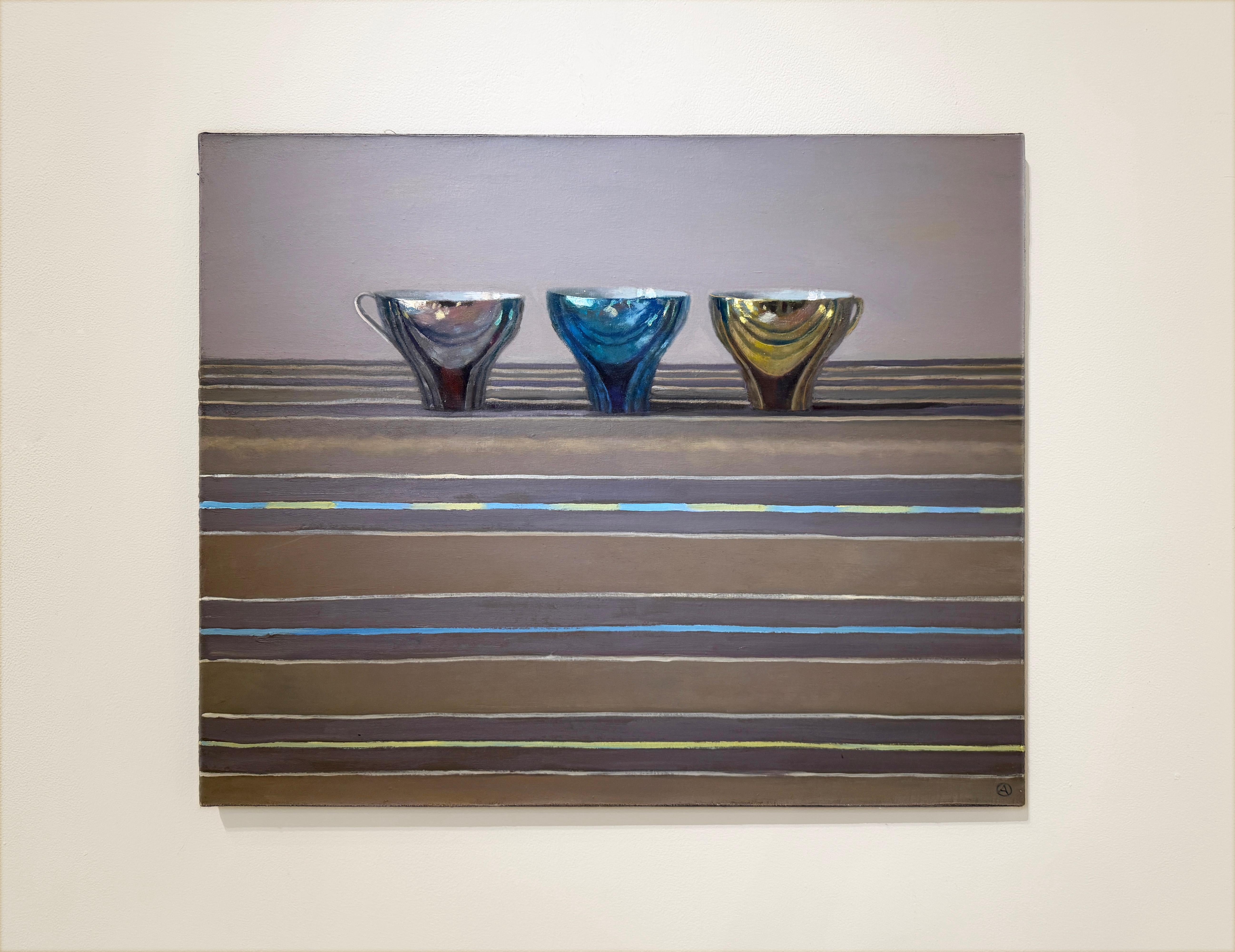 THREE CUPS ON STRIPES - Still life / Realism / Reflections / Contemporary - Painting by Olga Antonova