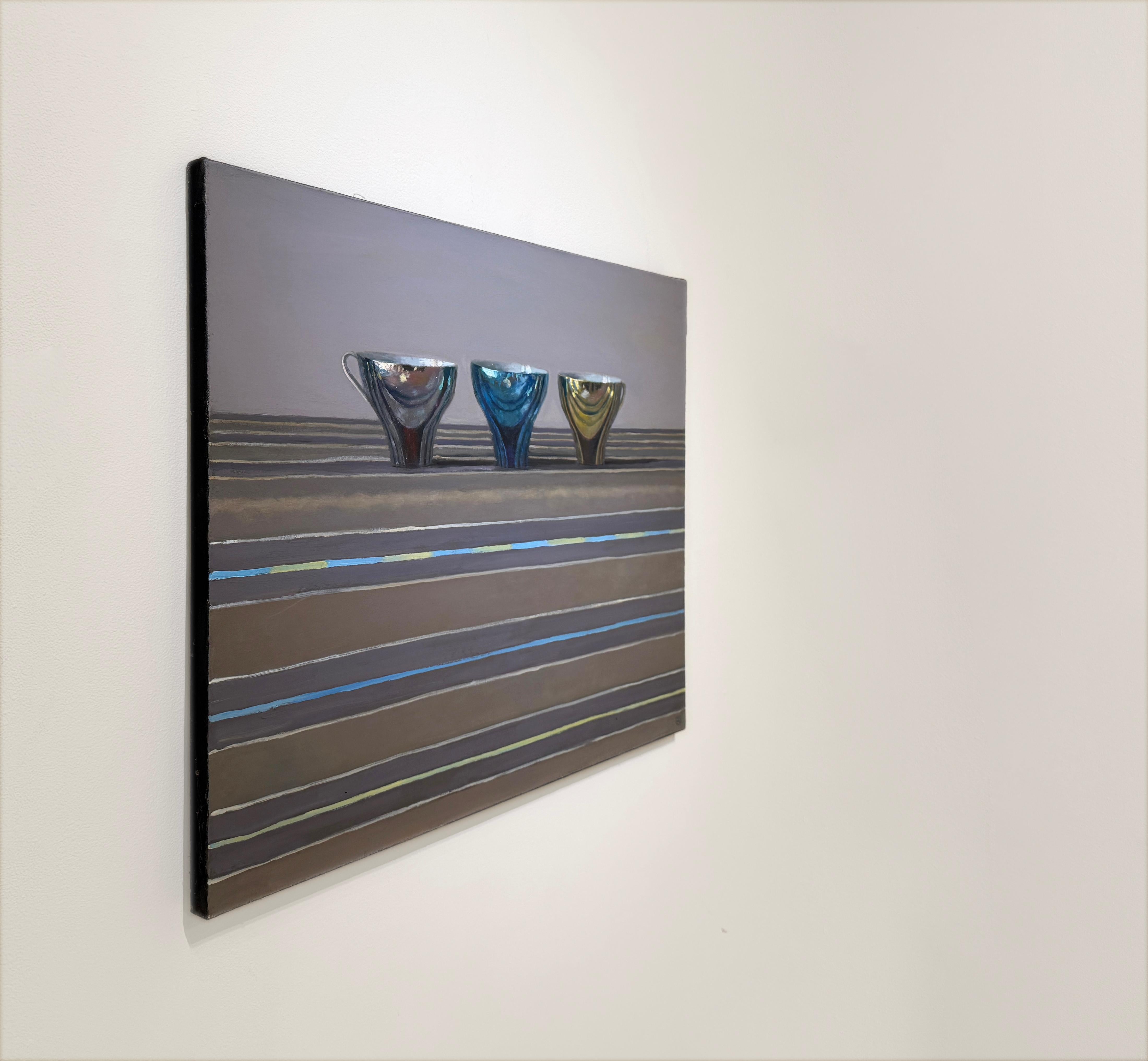 THREE CUPS ON STRIPES - Still life / Realism / Reflections / Contemporary - Gray Still-Life Painting by Olga Antonova