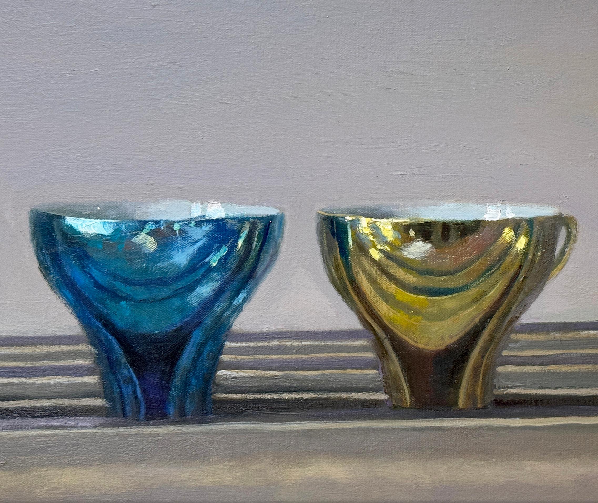 THREE CUPS ON STRIPES - Still life / Realism / Reflections / Contemporary For Sale 1