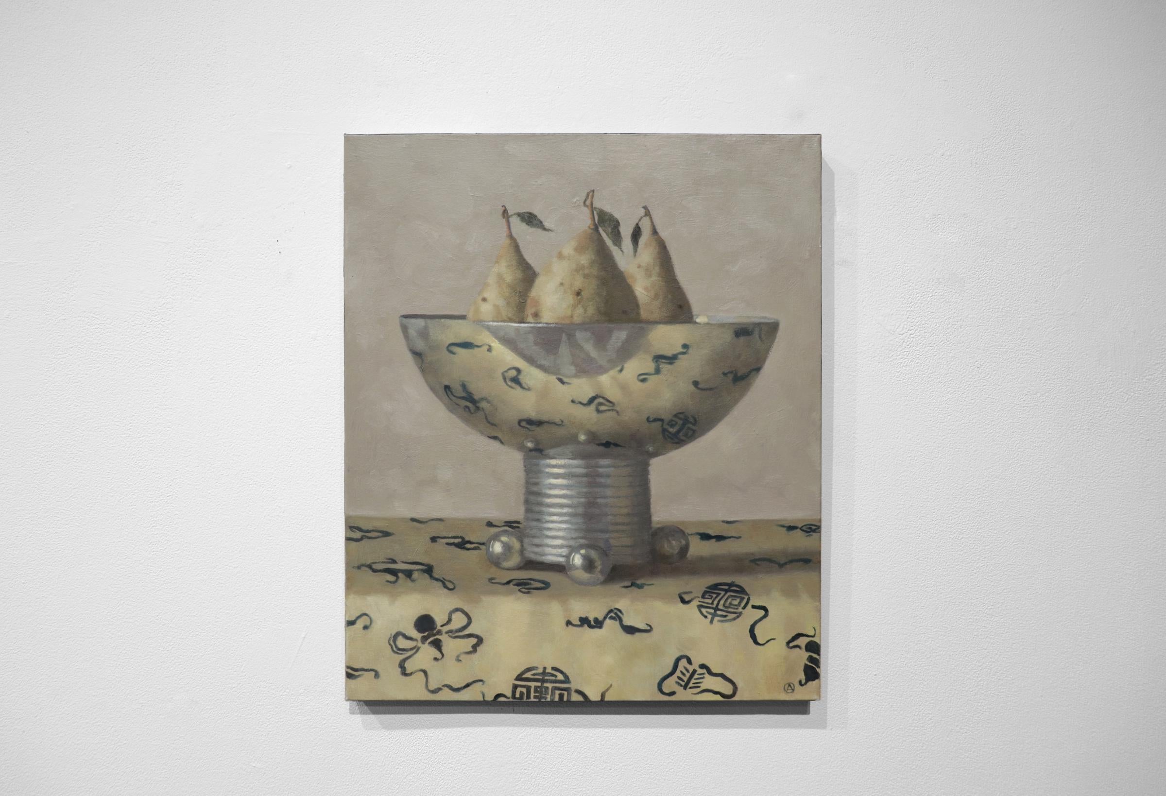 THREE PEARS IN A VASE, still-life, photo-realism, fruit on table, table cloth - Painting by Olga Antonova