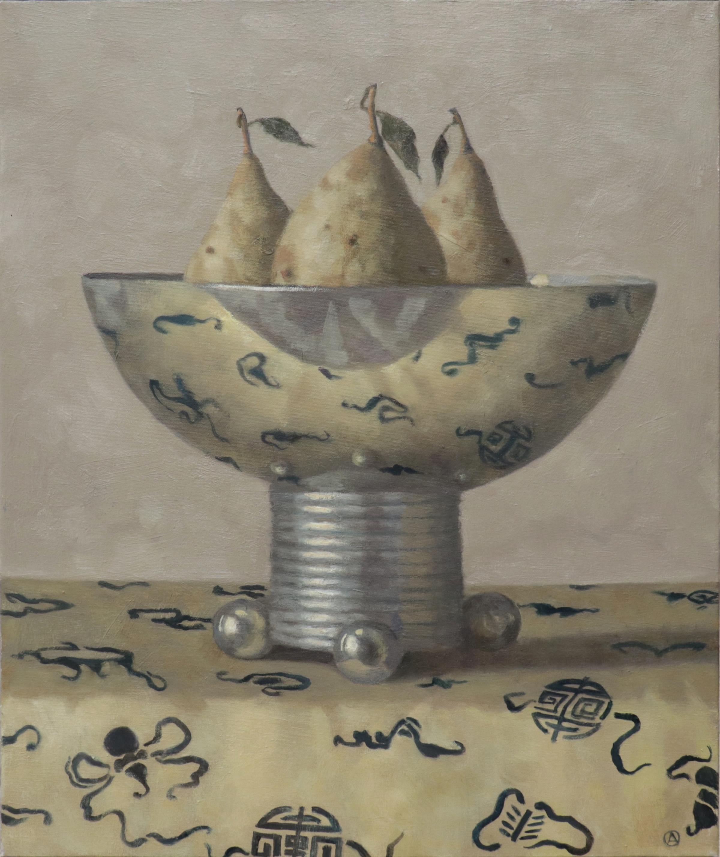 Olga Antonova Still-Life Painting - THREE PEARS IN A VASE, still-life, photo-realism, fruit on table, table cloth