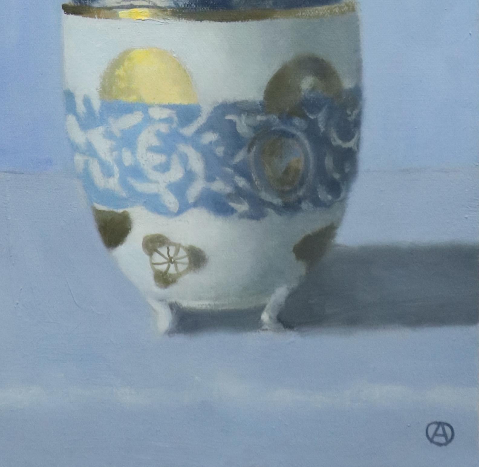 Tower of Blue and Gold Bowls, Contemporary Still Life, Antique, Porcelain - Realist Painting by Olga Antonova