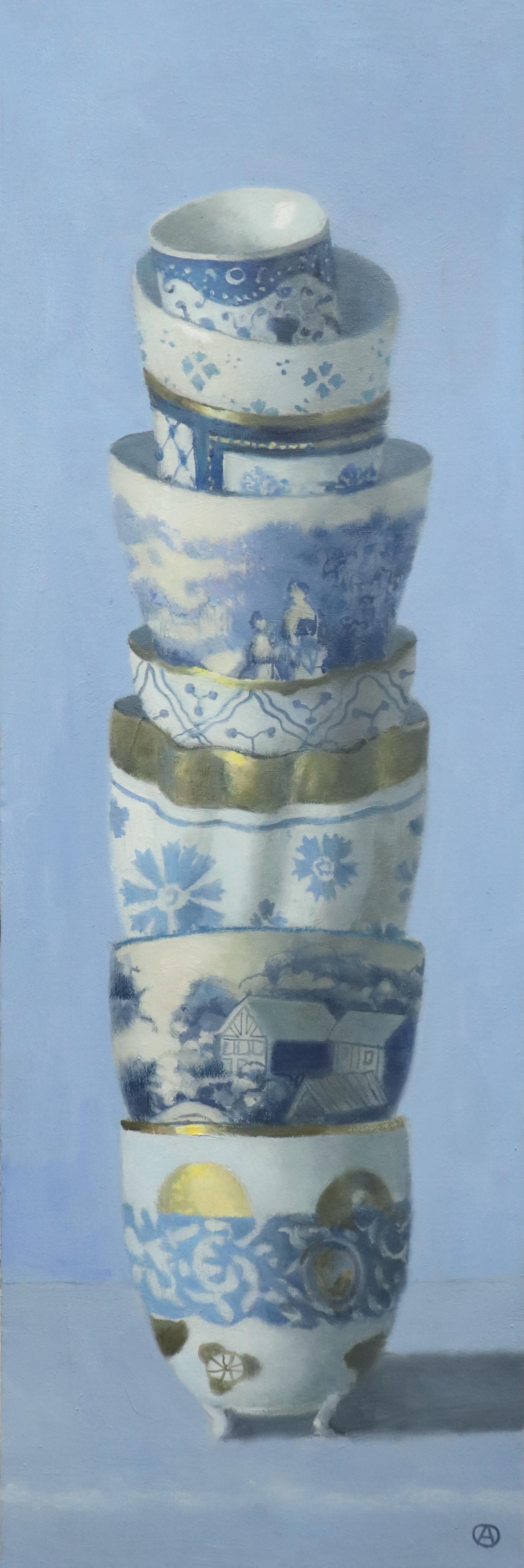 Olga Antonova Still-Life Painting - Tower of Blue and Gold Bowls, Contemporary Still Life, Antique, Porcelain
