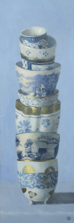 Tower of Blue and Gold Bowls, Contemporary Still Life, Antique, Porcelain