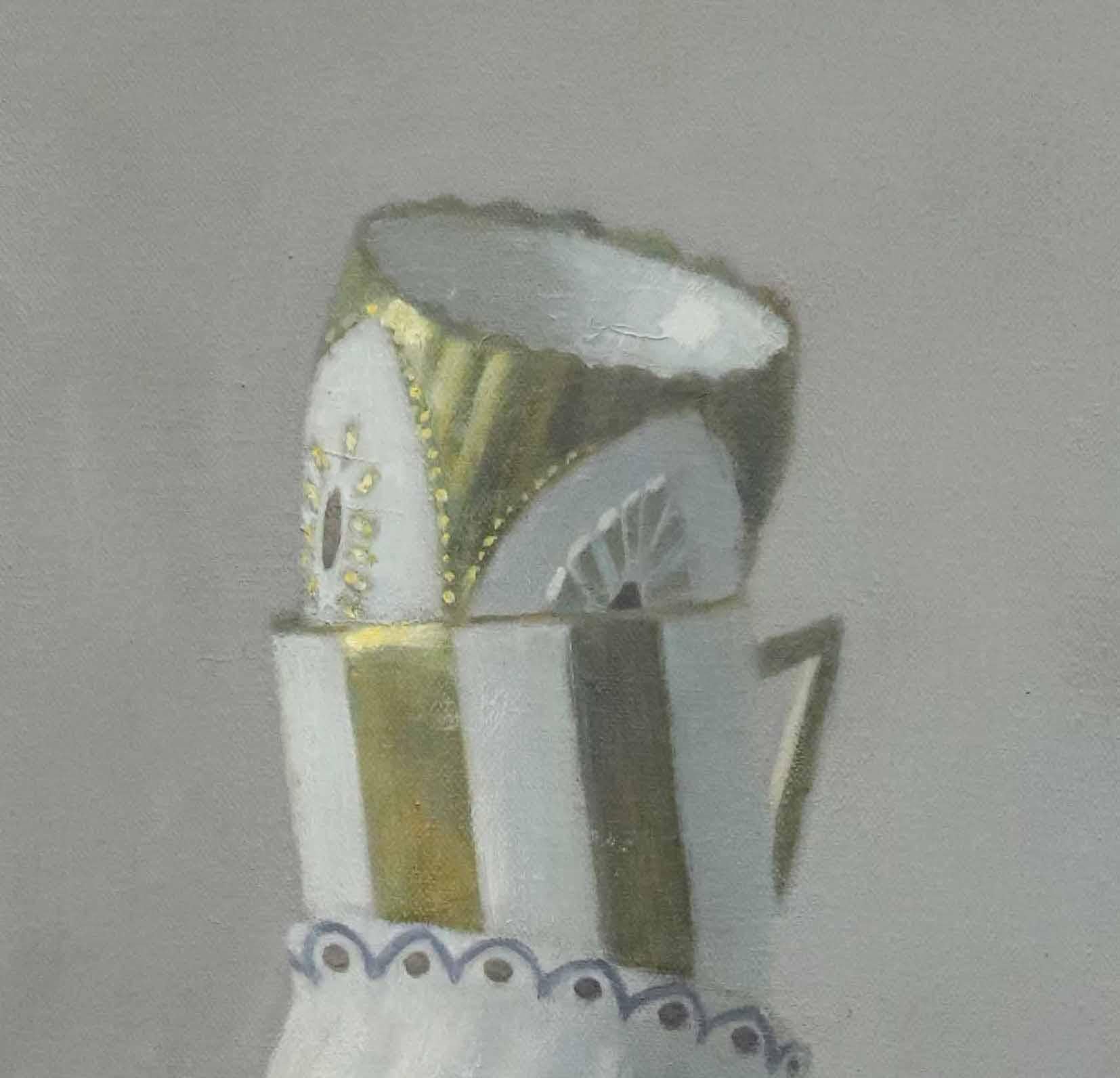 Tower of White and Gold Teacups, Contemporary Still Life, Porcelain, Antique - Gray Still-Life Painting by Olga Antonova
