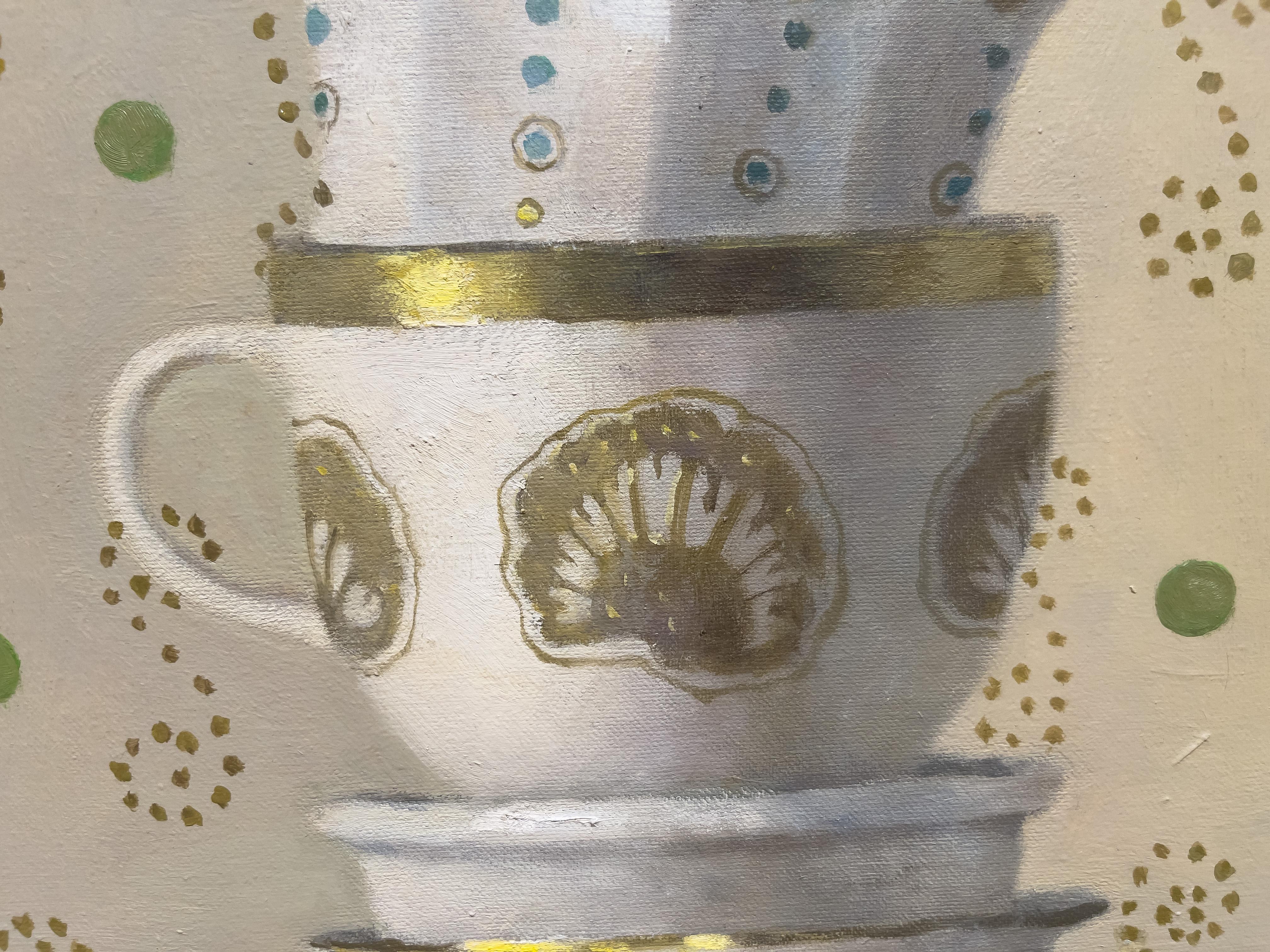 TOWER WITH GOLD SHELL CUP - Still life, teacups, realism - Contemporary Painting by Olga Antonova