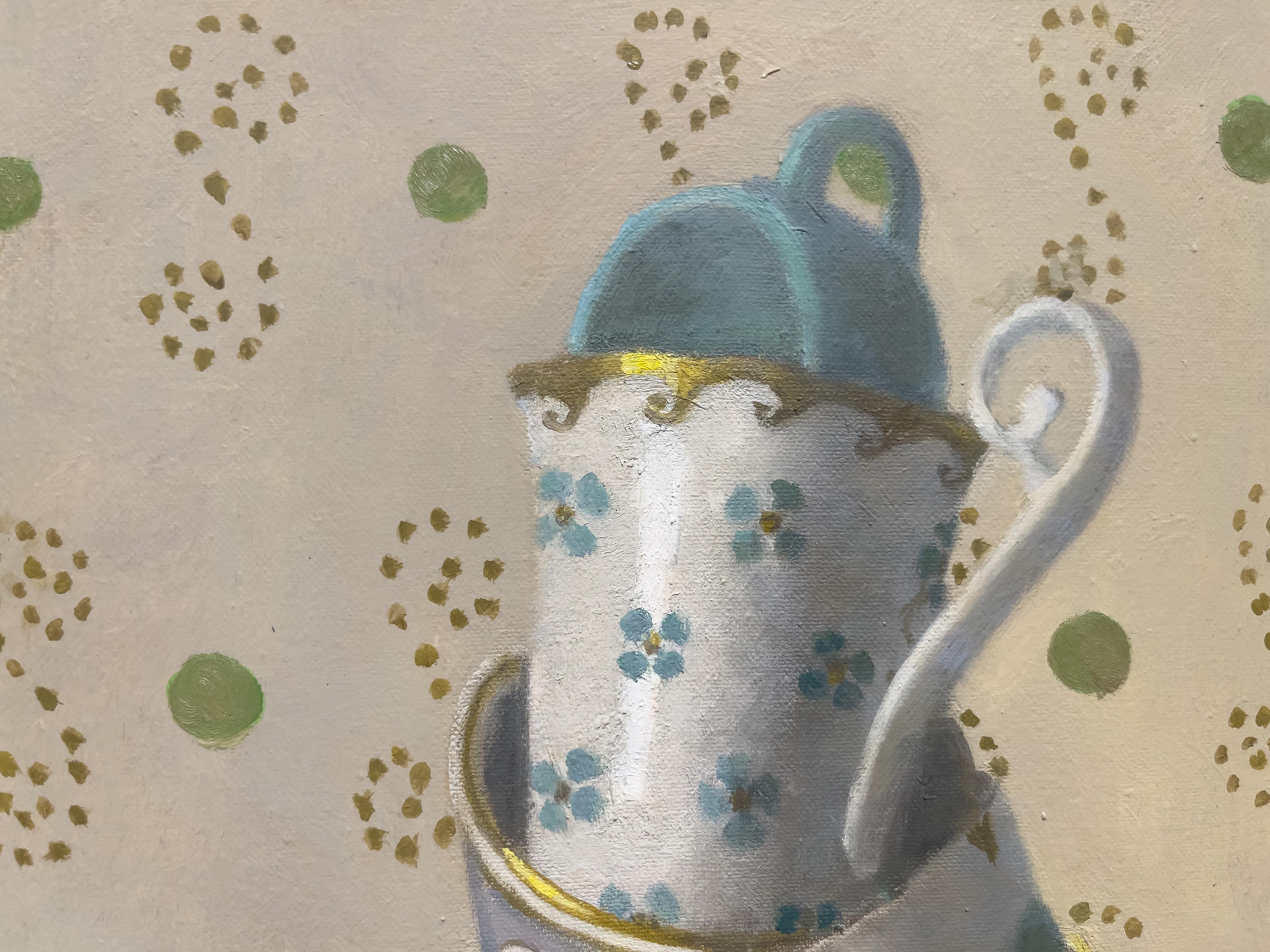 TOWER WITH GOLD SHELL CUP - Still life, teacups, realism - Gray Still-Life Painting by Olga Antonova