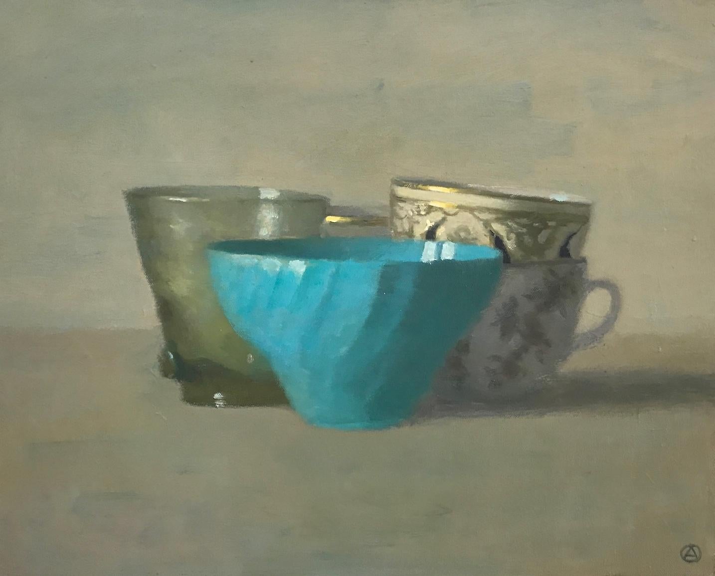Olga Antonova Still-Life Painting - "Elegant Still Life of Turquoise Cup with Other Cups" Oil Paint