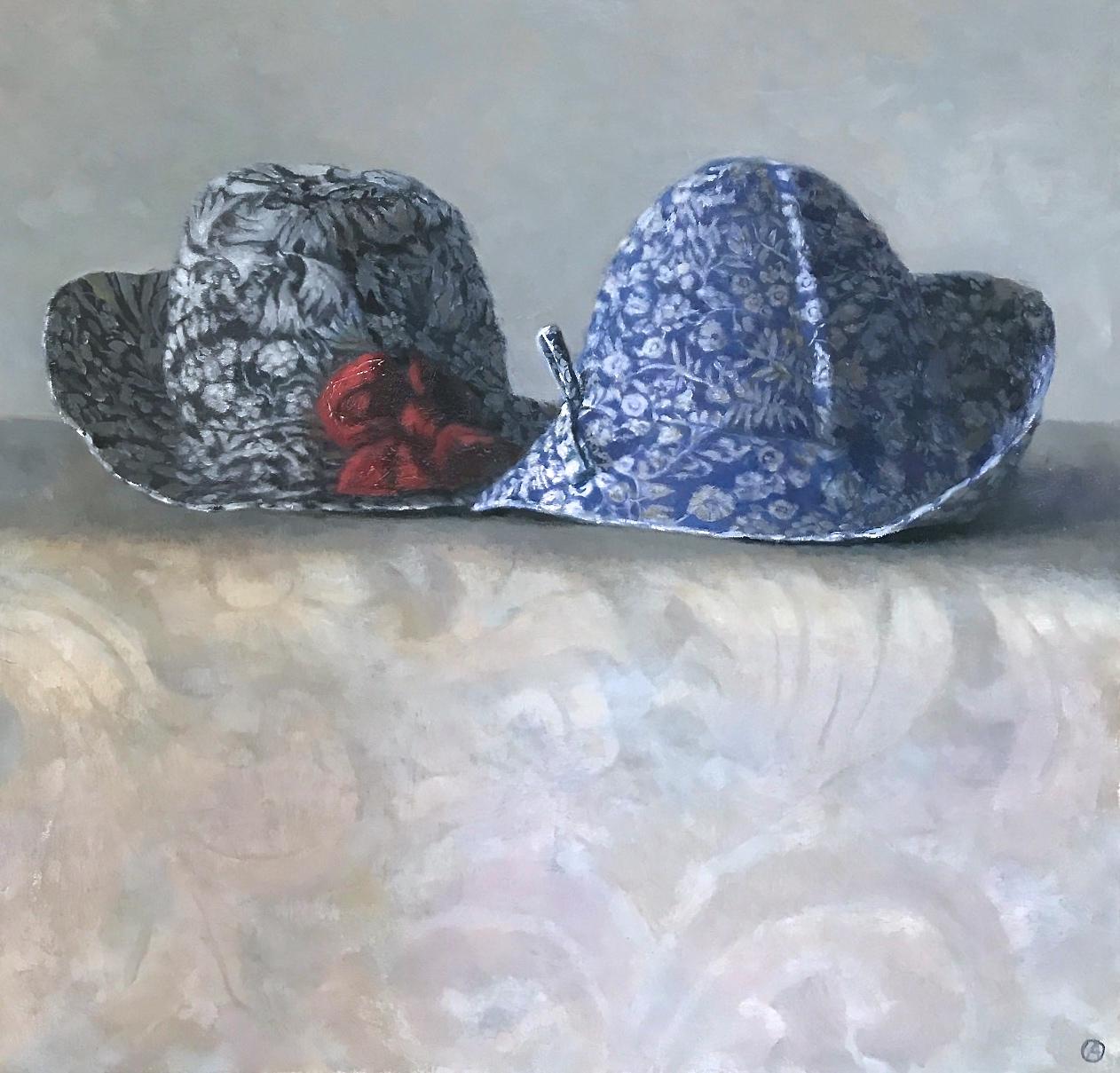 Olga Antonova Still-Life Painting - "Elegant Still Life of Two Blue and White Hats with Red Flower"