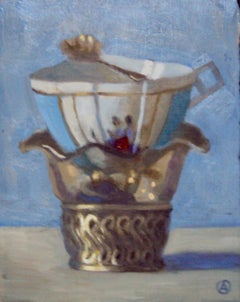 Two Cups Stacked with a Spoon - original still life realist silver pots photo 