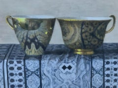 "Elegant Still Life of Two Gold Cups on Blue Chinese Fabric" Still-Life Realism