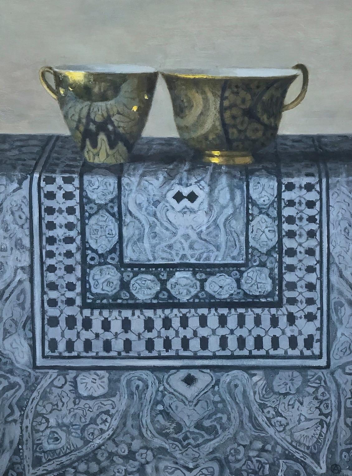 Olga Antonova Still-Life Painting - "Elegant Still Life of Two Gold Cups on Blue Chinese Fabric" Still-Life Realism