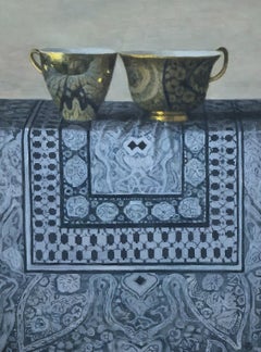 "Elegant Still Life of Two Gold Cups on Blue Chinese Fabric" Still-Life Realism