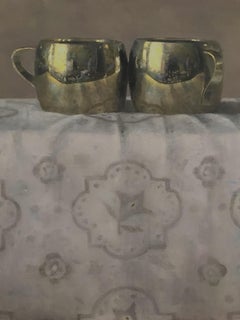 "Elegant Still Life of Two Gold Metal Cups on Patterned Fabric" Realism Oil