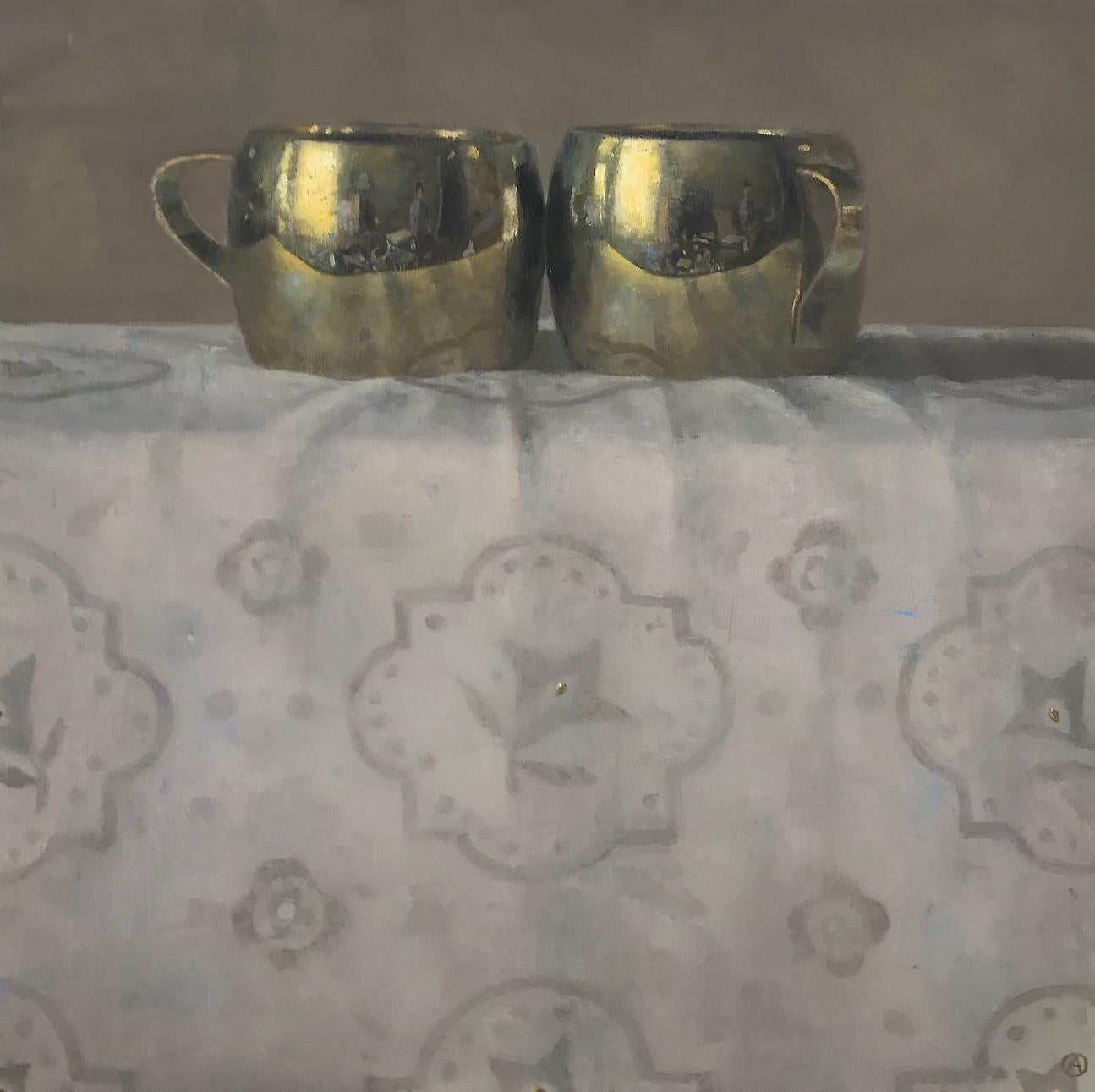 Olga Antonova Still-Life Painting - "Elegant Still Life of Two Gold Metal Cups on Patterned Fabric" Realism Oil