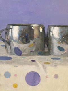 "Two Silver Cups, Portrait Reflections Polka Dots, Lavender, Yellow, Blue, Pink"