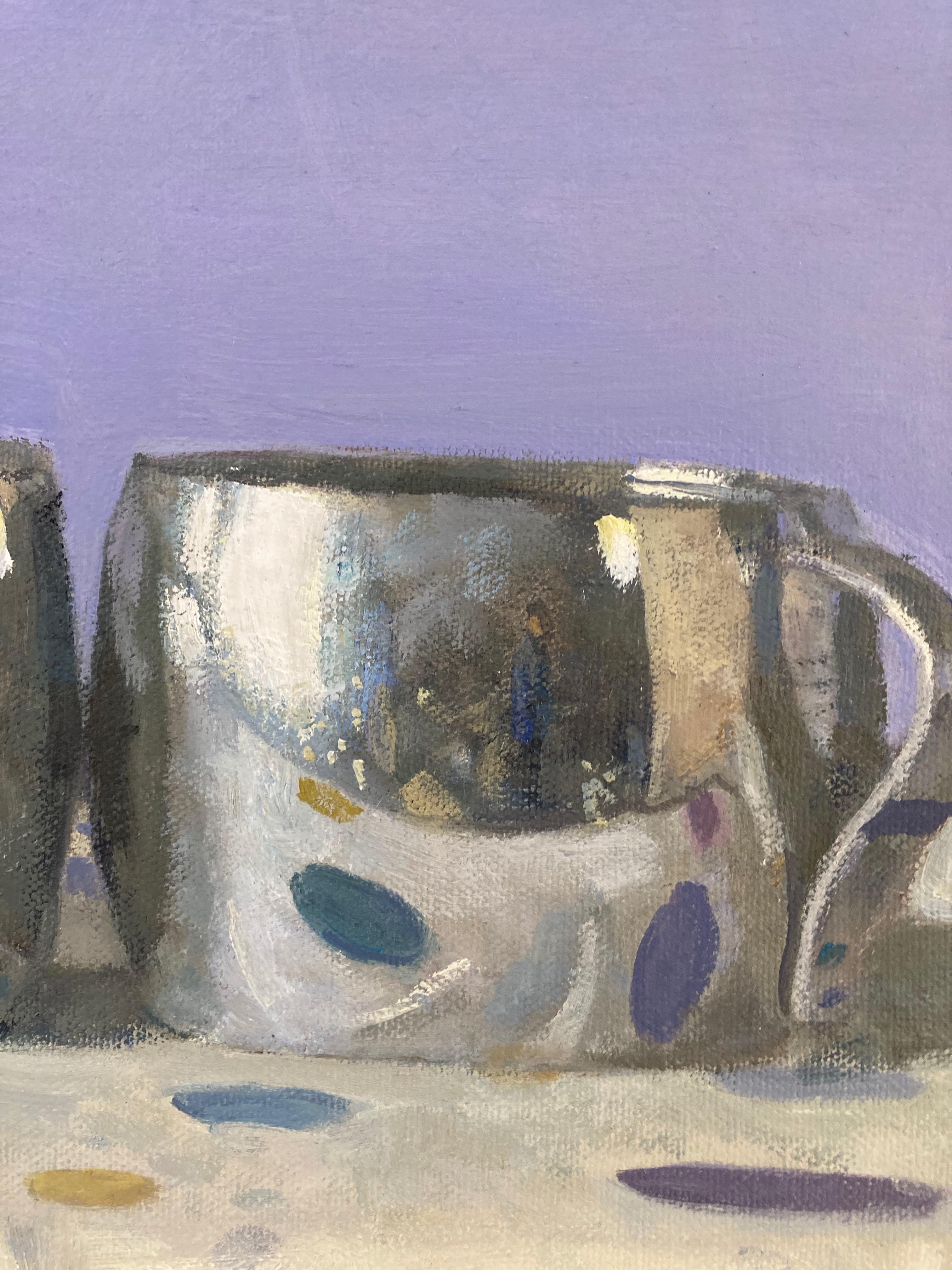 
Olga Antonova’s subject is compositions of extraordinarily elegant, beautiful and whimsical cups, plates, teapots, and dishes, but there is something playful about these paintings.   Stacked teacups are also amusing, having a kind of jaunty and