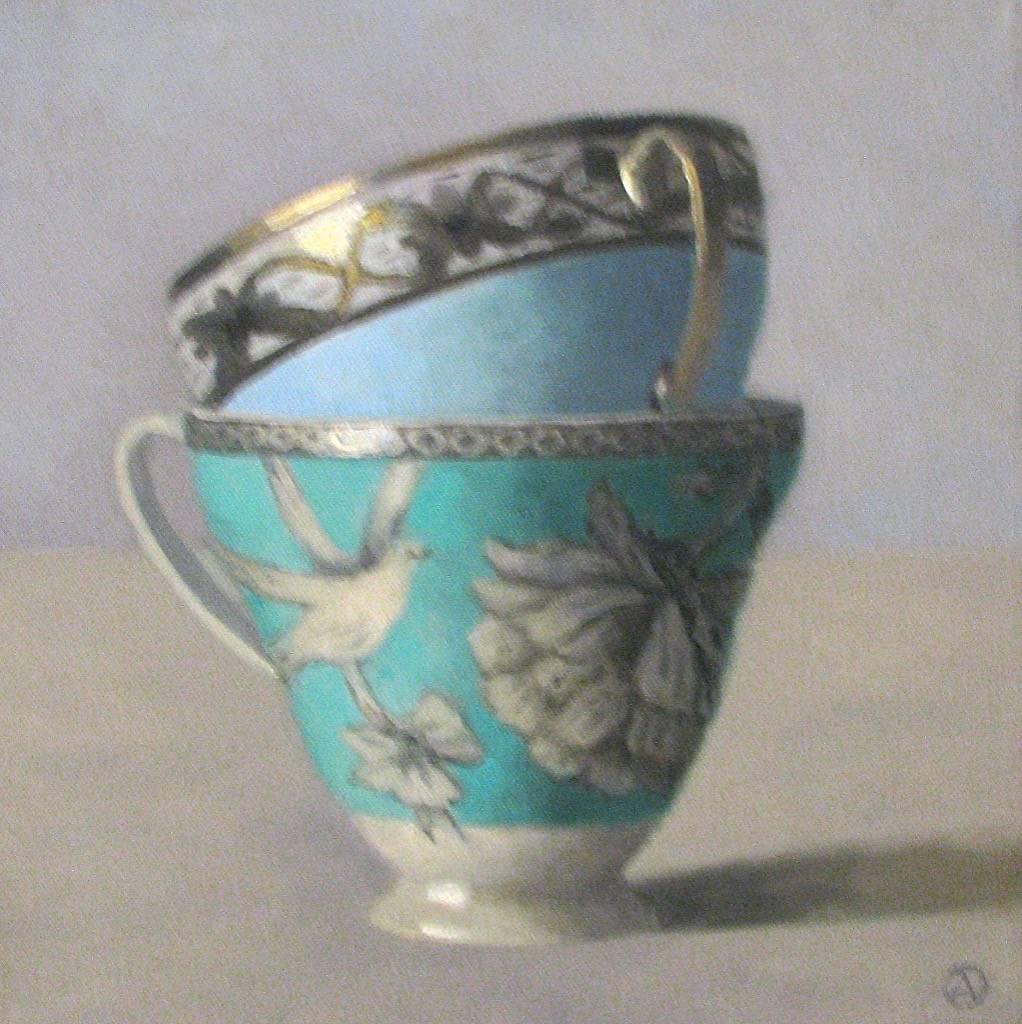 Olga Antonova Still-Life Painting - Two Stacked Blue and Turquoise Cups with Pattern