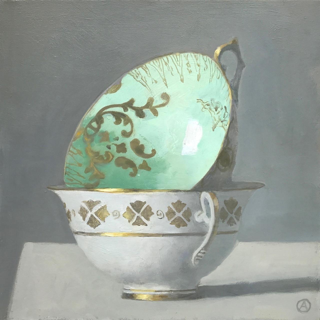 Olga Antonova Still-Life Painting - "Two Stacked Cups, Green on Top"  Elegant small still life in green, white, gold