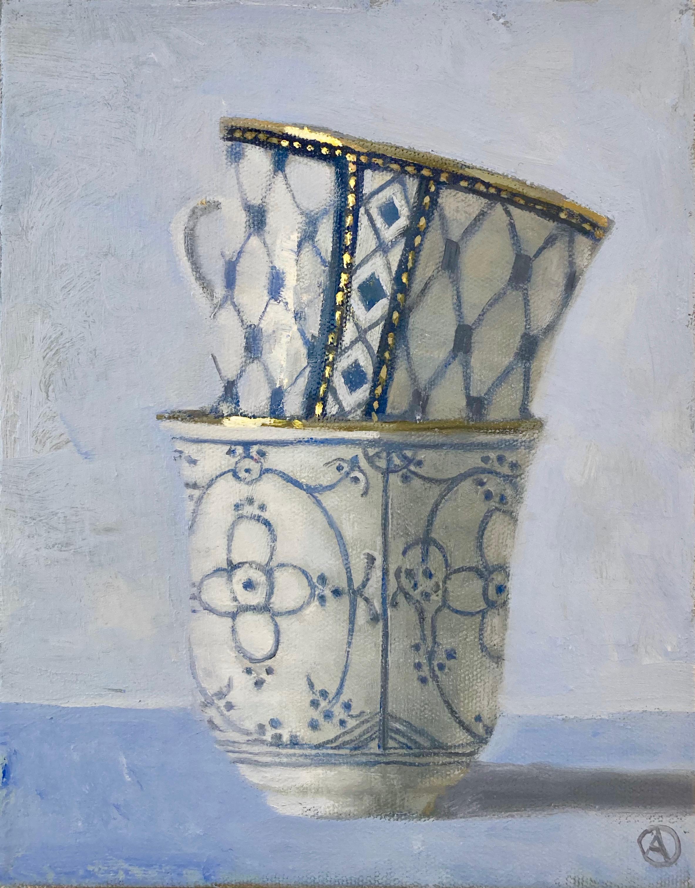 Olga Antonova Still-Life Painting - "Two Stacked Cups in Blue White and Gold" Elegant, sparkly patterned still life 