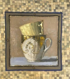 "Elegant Still Life of Two Stacked Gold Cups in Checkerboard Frame"