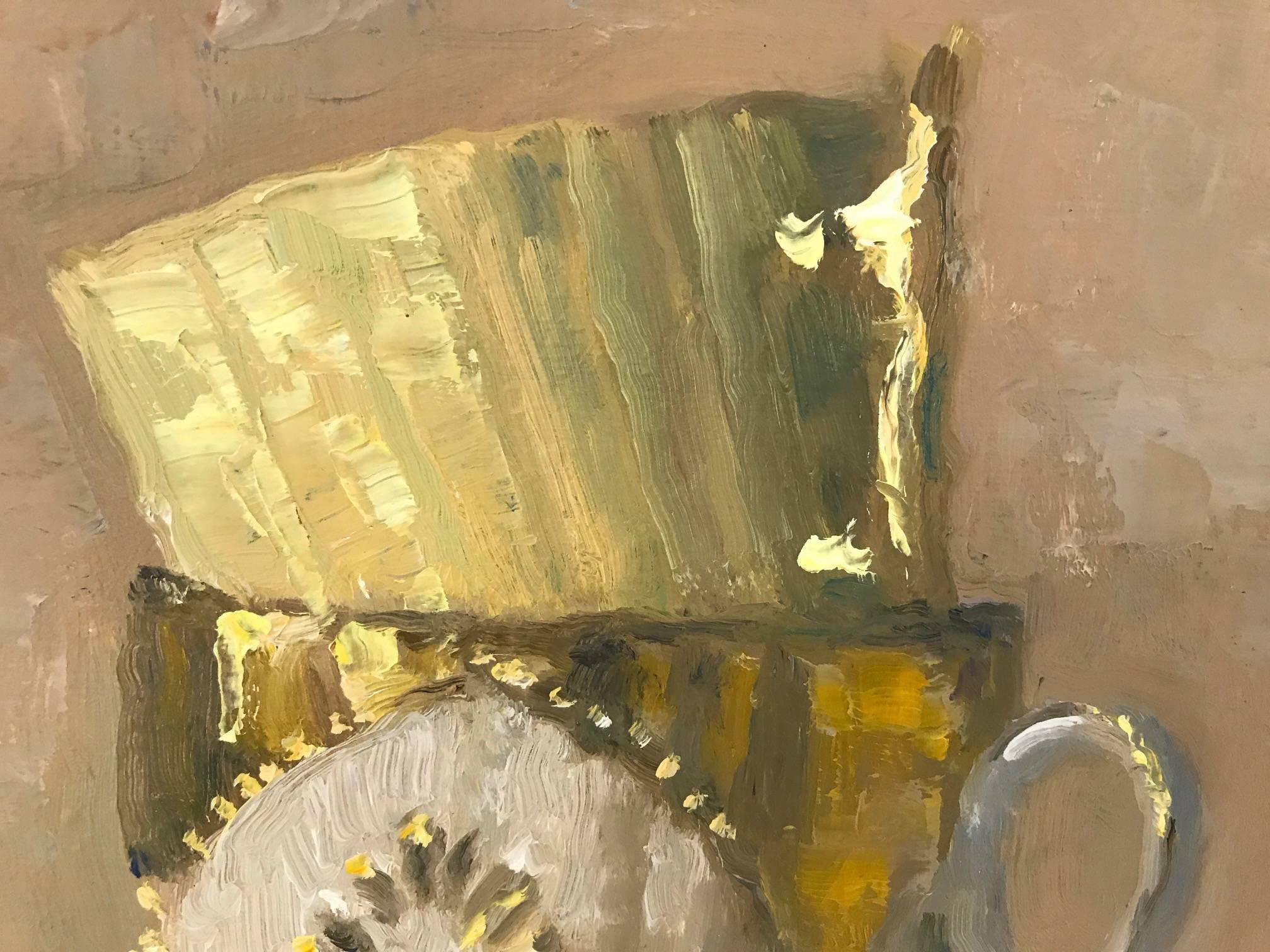 „“Elegantes Stillleben aus zwei gestapelten Goldtaschen in Schachbrettrahmen“ (Realismus), Painting, von Olga Antonova