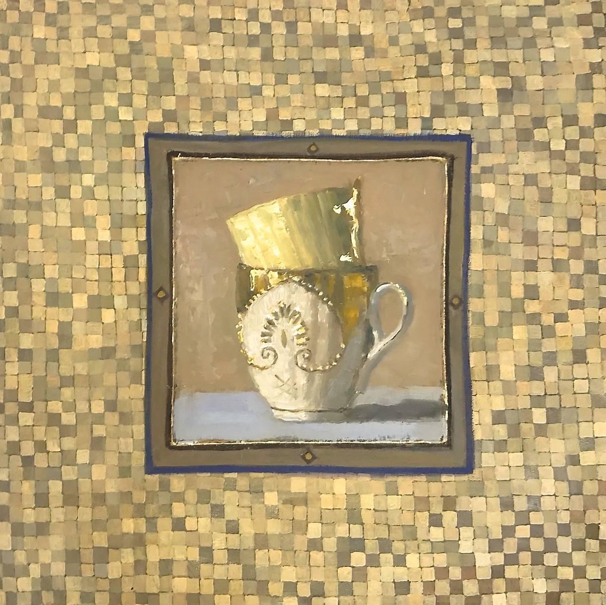 Olga Antonova Still-Life Painting – „“Elegantes Stillleben aus zwei gestapelten Goldtaschen in Schachbrettrahmen“
