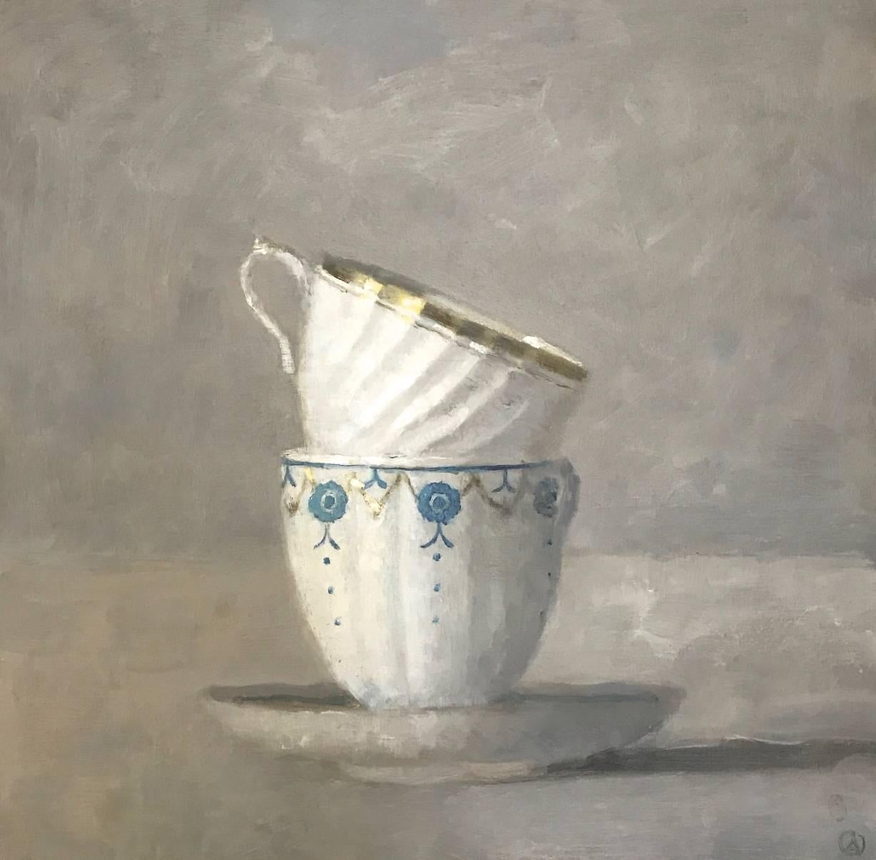 Olga Antonova Still-Life Painting - "Elegant Still Life of Two Stacked Cups in White, Blue and Gold on Gray"
