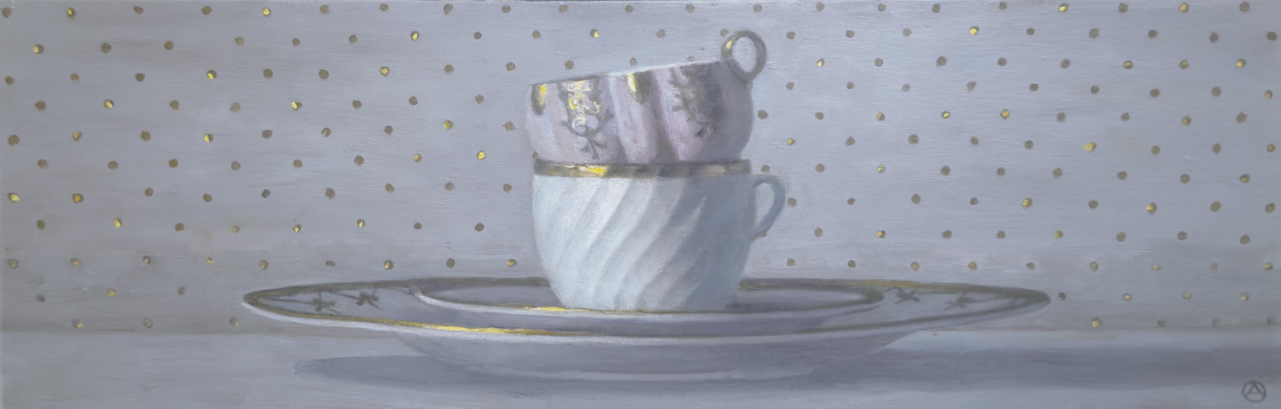 Olga Antonova Still-Life Painting – TWO STACKED CUPS ON POLKA DOTS – Realismus / Stillleben / Teebecher / Küche