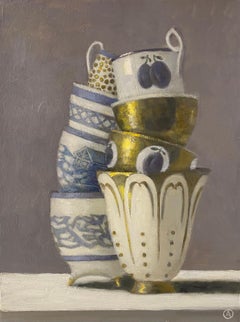 "Two Stacked Tiers of White and Gold Cups with Plums" Elegant Still Life Dishes