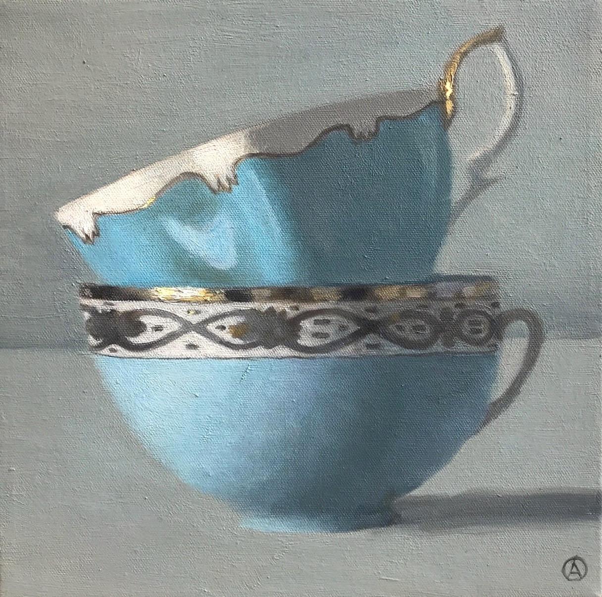 Olga Antonova Still-Life Painting - "Two Turquoise, Silver, White and Gold Cups Stacked"