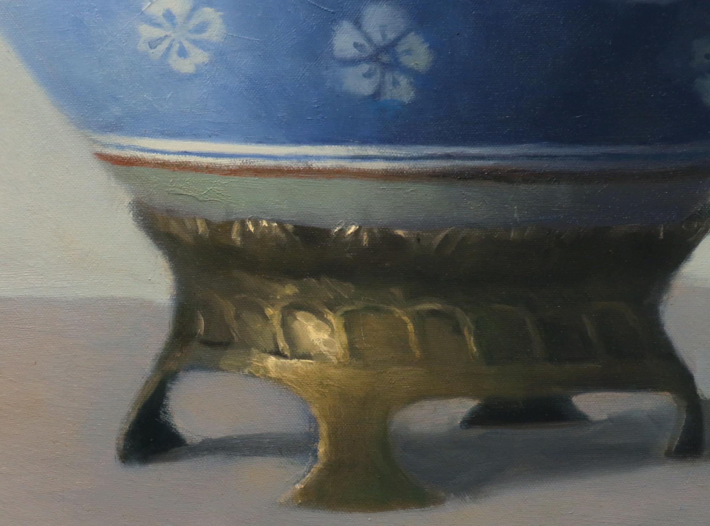 URN WITH DRAGONFLIES, fine china, still-life, photo-realism, blue, white - Contemporary Painting by Olga Antonova