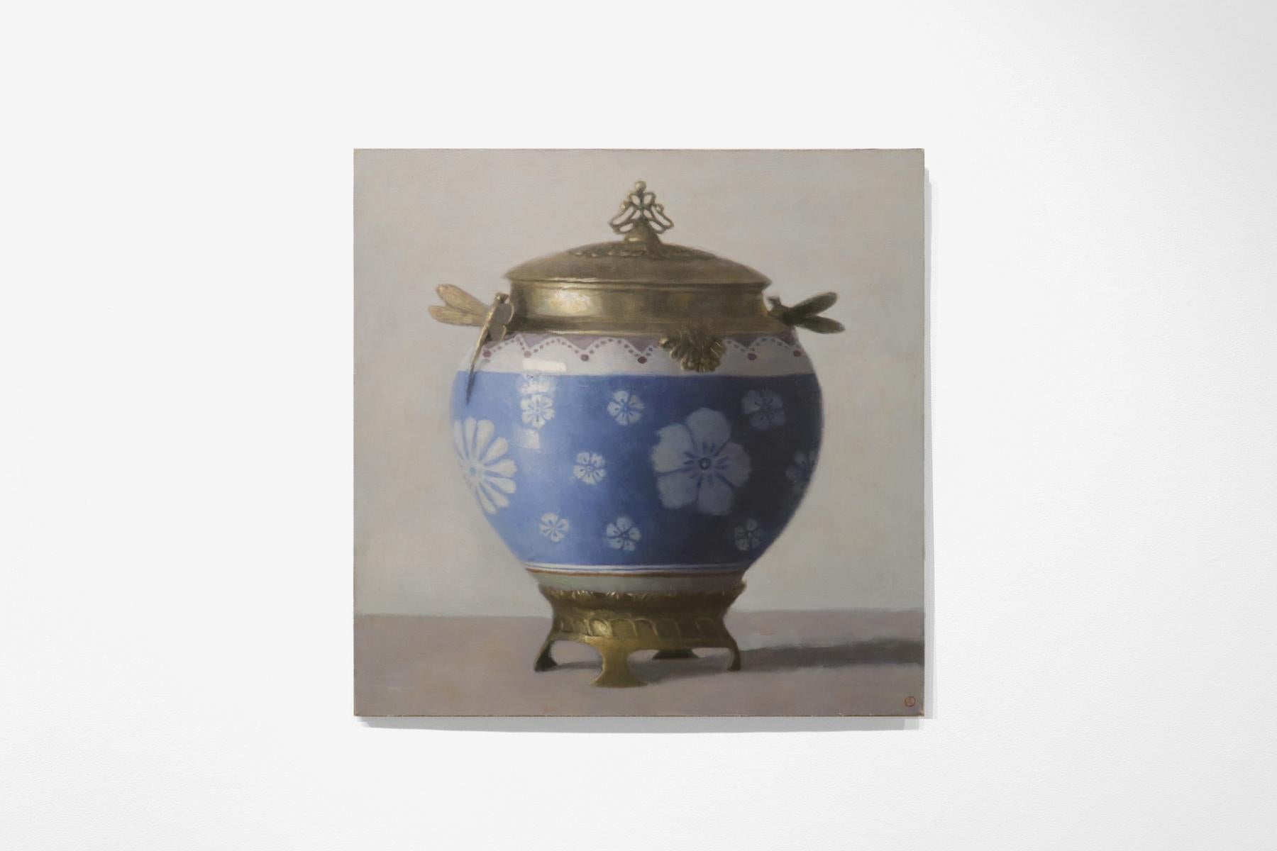 URN WITH DRAGONFLIES, fine china, still-life, photo-realism, blue, white 1